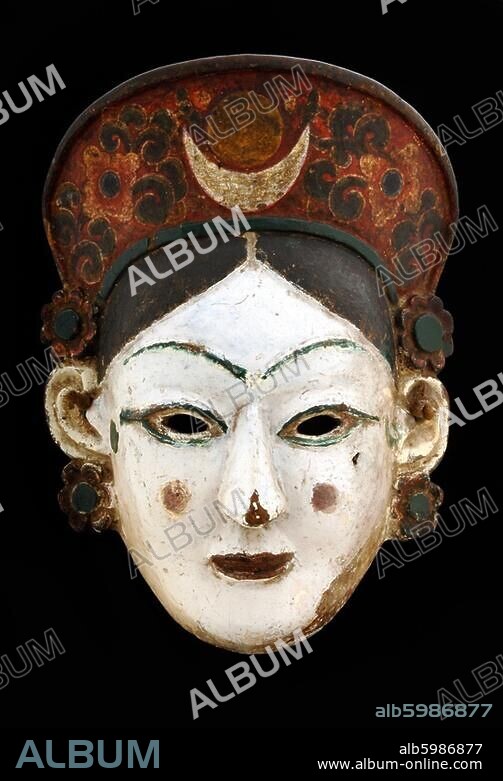 Tibetan art, Sherdukpen, Arunachal Pradesh, India, late 19th century. Mask of princess Lahmu (Jeimuh). Wood, painted. Private collection.