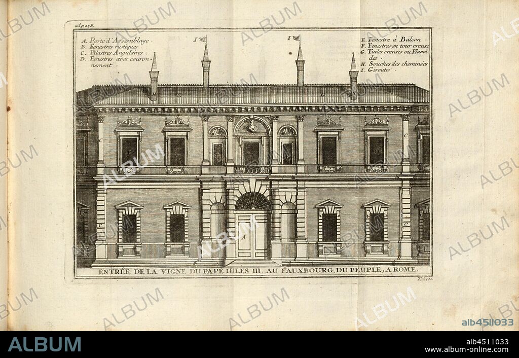 Entry of the vineyard of Pope Julius III. at the Fauxburg of the people in Rome, Facade of Villa Giulia in Rome, tab. 102, after p. 285, Augustin-Charles d'Aviler, Vignola, Michelangelo, Leonhard Christoph Sturm, Hertel: Ausführliche Anleitung zu der gantzen Civil-Bau-Kunst [...]. Augspurg: bey Johann Georg Hertel, 1747.