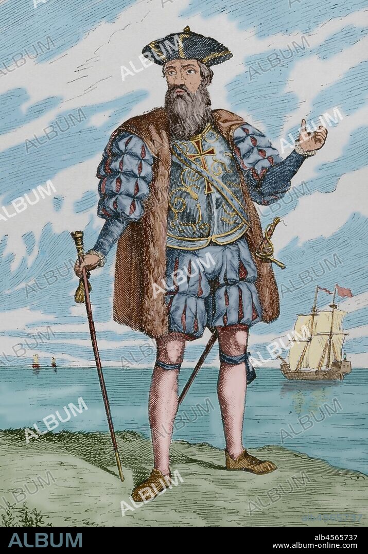 Vasco de Gama (1460/69-1525). Navegante y explorador portugués. Grabado. "Museo Militar del Ejército Español", Tomo I. Evaristo Ullastres Editor. Barcelona, 1883. Coloreado.