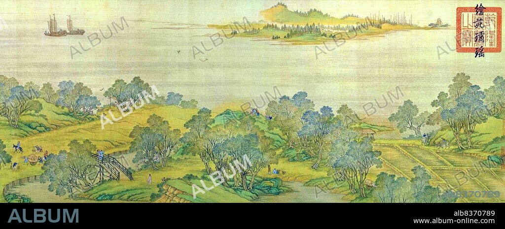 'Along the River During the Qingming Festival' is a painting by the Song dynasty artist Zhang Zeduan (10851145). It captures the daily life of people and the landscape of the Northern Song capital, Bianjing, today's Kaifeng. The theme is said to celebrate the festive spirit and worldly commotion at the Qingming Festival, rather than the holiday's ceremonial aspects, such as tomb sweeping and prayers.<br/><br/>. Successive scenes reveal the lifestyle of all levels of the society from rich to poor as well as different economic activities in rural areas and the city, and offer glimpses of period clothing and architecture. The scroll is 25.5 centimetres (10.0 inches) in height and 5.25 meters (5.74 yards) long. In its length there are 814 humans (of whom only 20 are women), 28 boats, 60 animals, 30 buildings, 20 vehicles, 8 sedan chairs, and 170 trees. The countryside and the densely populated city are the two main sections in the picture, with the river meandering through the entire length.<br/><br/>. The original painting is the most celebrated work of art from the Song dynasty. Due to this high artistic reputation, it has inspired several works of art that revived and updated the style of the original. The version presented here was made by five Qing dynasty court painters (Chen Mu, Sun Hu, Jin Kun, Dai Hong and Cheng Zhidao) and presented to the Qianlong Emperor on January 15, 1737.<br/><br/>. There are many more people, over 4,000, in the Qing remake, which also is much larger (at 11 metres by 35 cm, or 37 ft by 1 ft). The full scroll should be viewed from right to left.