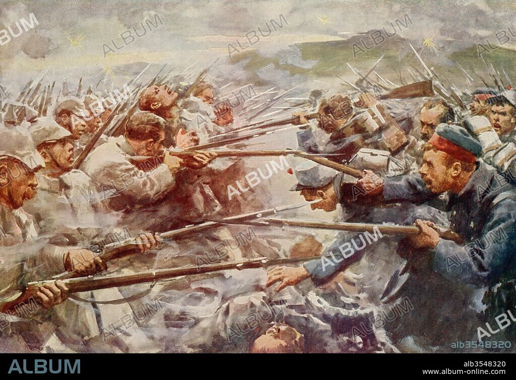 Belgian soldiers repelling a fierce German attack at Liege during World War One. From The History of the Great War, published c. 1919.