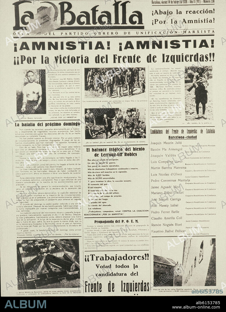 PERIODICO LA BATALLA-14/2/1936-¡AMNISTIA !¡POR LA VICTORIA DEL FRENTE DE IZQUIERDAS!.