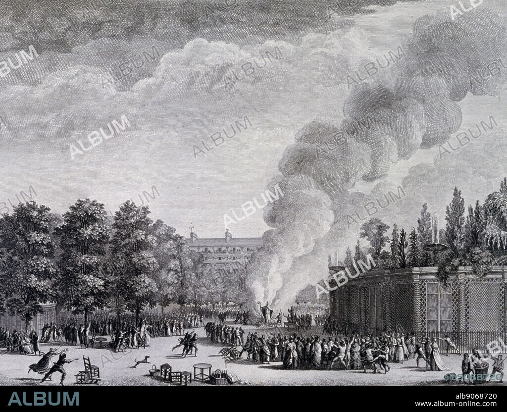 Effigy of the Pope (Pius VI), is burned in the grounds of the Palais Royal, during the French Revolution 1791.