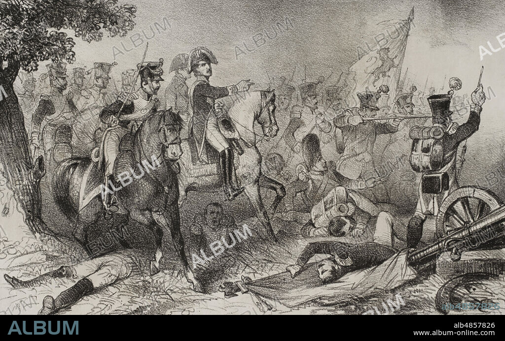 Guerra de la Independencia Española (1808-1814). Batalla de Talavera (27 y 28 de julio de 1809). Enfrentamiento que tuvo lugar en Talavera de la Reina entre tropas francesas de José Bonaparte contra tropas combinadas de España, bajo mando del teniente general Gregorio Cuesta, y del Reino Unido al mando de Arthur Wellesley, futuro Duque de Wellington. Tras combatir durante todo el día 28 y pasar la noche en la zona, al día siguiente por la mañana el ejército aliado se dió cuenta de que las tropas francesas se habían retirado por completo del lugar. Ilustracion por Mujica. Historia del Levantamiento, Guerra y Revolución de España, por el Conde de Toreno. Madrid,1852.
