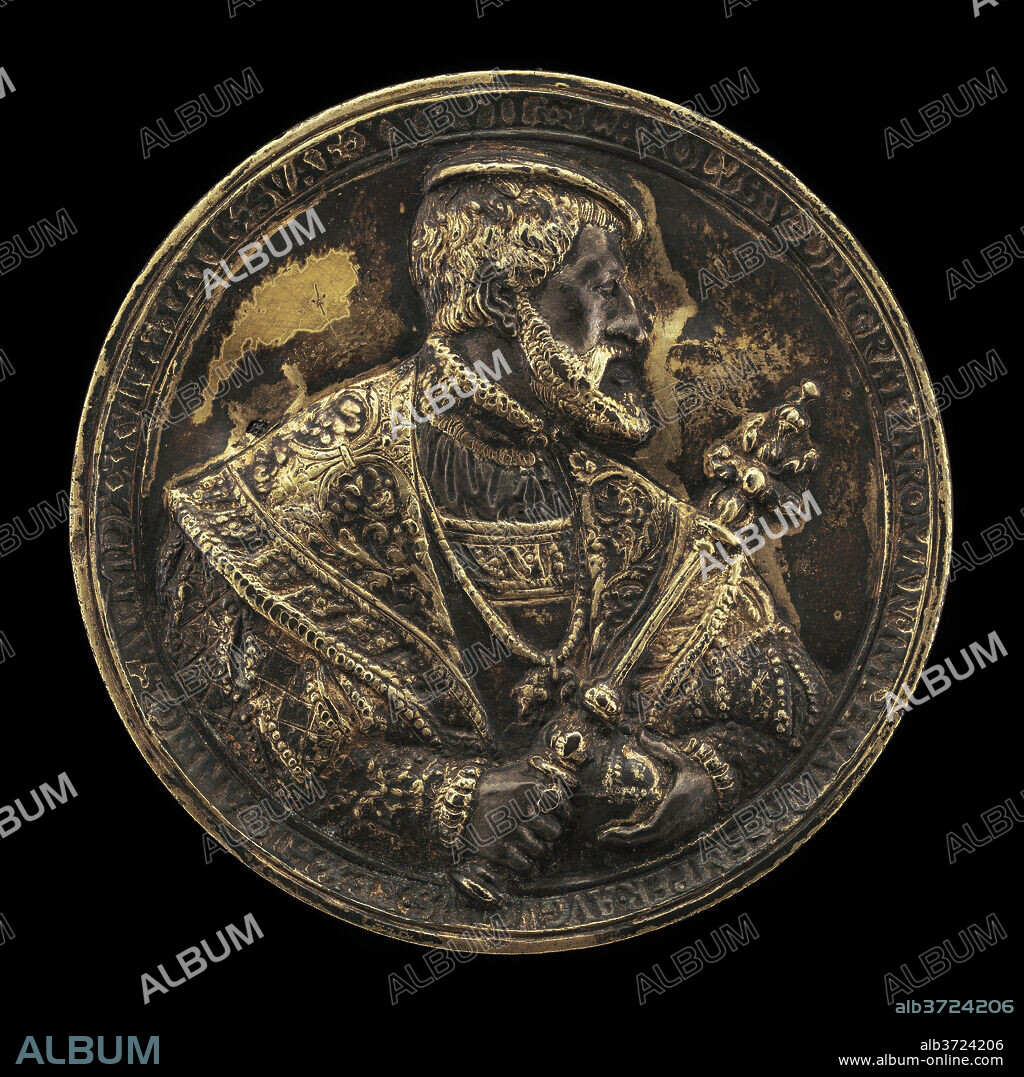 HANS REINHART THE ELDER. Charles V, 1500-1558, King of Spain 1516-1556, Holy Roman Emperor 1519 [obverse]. Dated: 1537. Dimensions: overall (diameter): 6.72 cm (2 5/8 in.)  gross weight: 72.56 gr (0.16 lb.)  axis: 12:00. Medium: bronze, partially gilded.