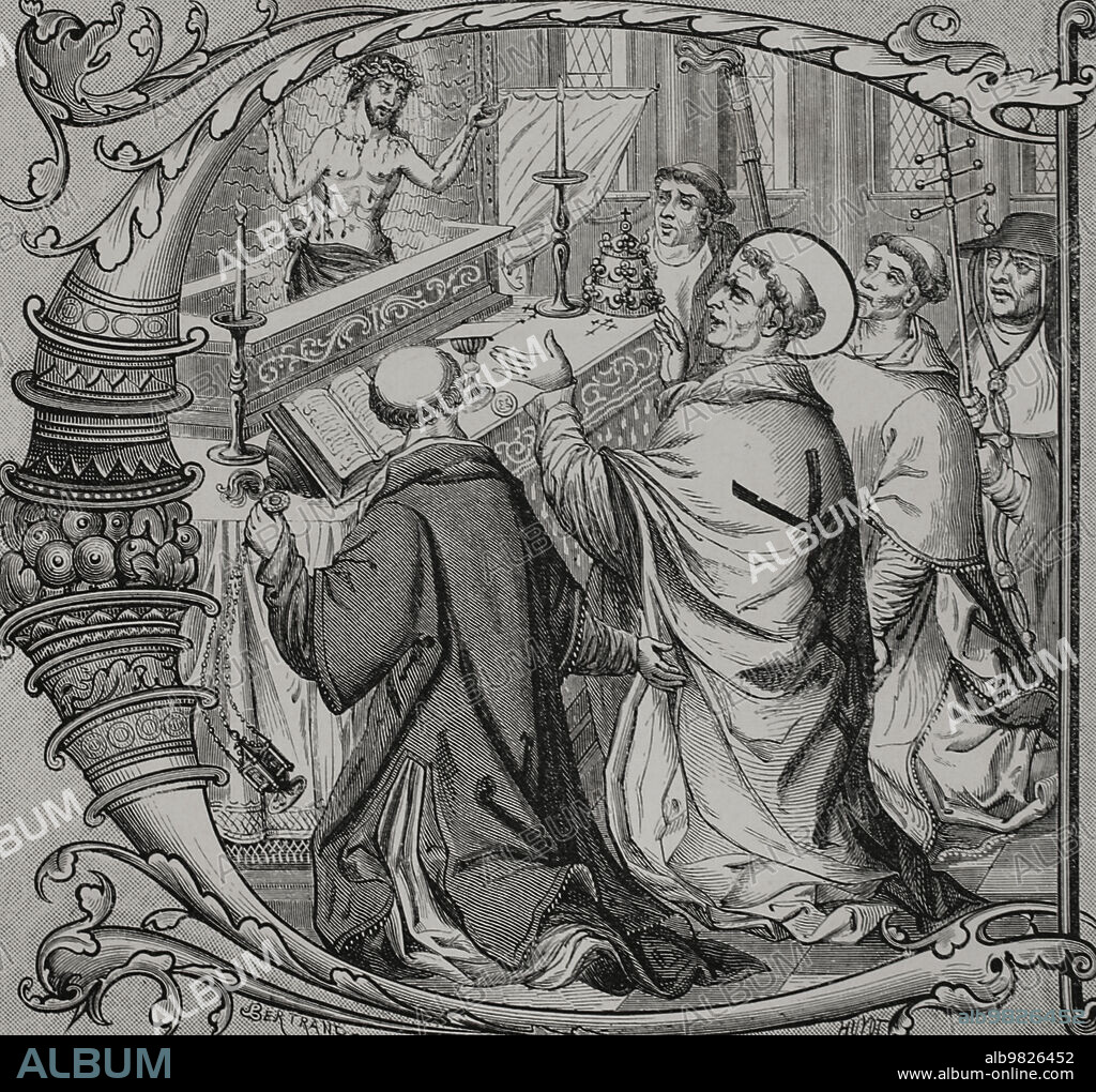 The Miraculous Mass of Saint Gregory the Great (ca. 540-604), representing the real presence of Jesus Christ in the Eucharist. Engraving by Bertrand and Huyot after a 15th century missal miniature. "Vie Militaire et Religieuse au Moyen Age et à l'Epoque de la Renaissance". Paris, 1877.