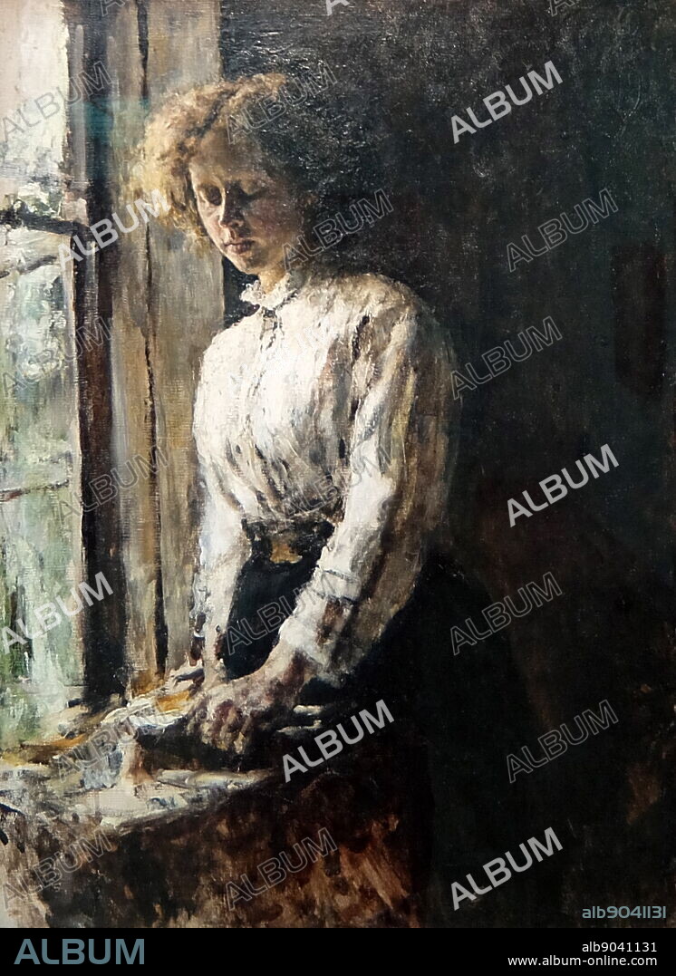 Painting titled 'By the Window' a portrait of O. F. Trubnikova by Valentin Serov. Valentin Alexandrovich Serov (1865-1911) a Russian painter.