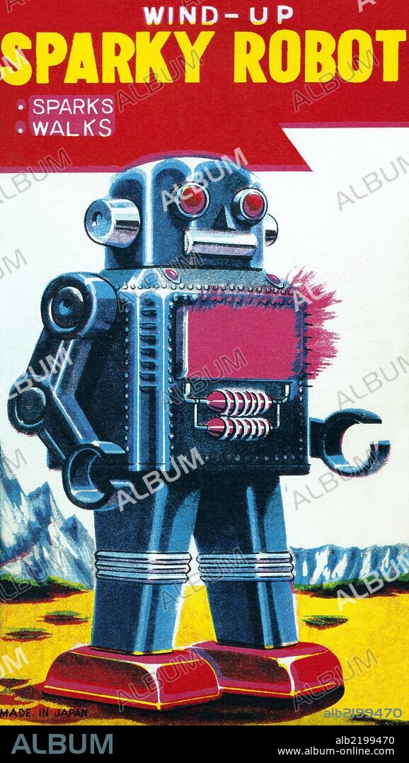 The 1950's was a time of wonder and the universe was the focus of many young imaginations.  Hollywood adopted science fiction and the toy industry followed closely.  The Japanese manufactured toy robots for the children of America and designed great boxes to hold these vintage tin toys.  This illustration art comes directly from these boxes.