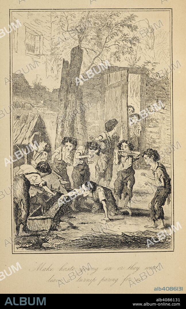 A group of factory children eating pigswill. The life and adventures of Michael Armstrong, the factory boy. Newcastle-on-Tyne : Published by John Christie, 1876. Source: YA.1994.a.7128, opposite page 185. Language: English.