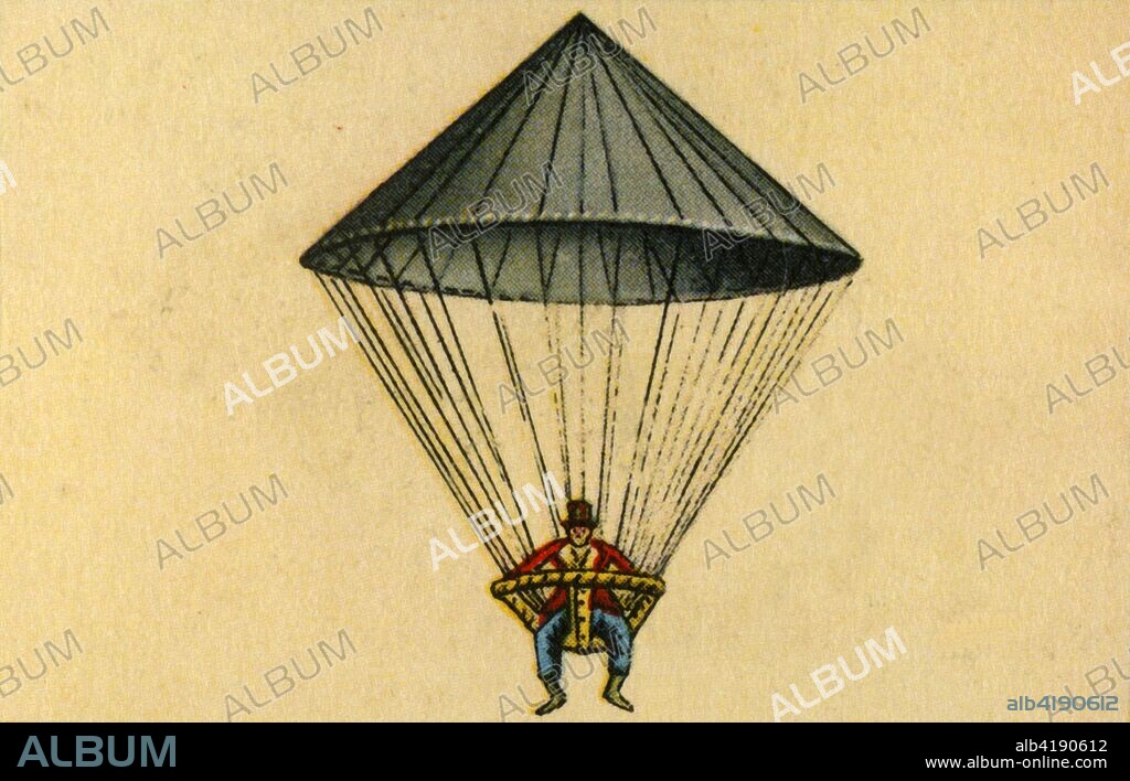 Lenormand's parachute, 1783, (1932). French chemist, physicist and inventor Louis-Sébastien Lenormand (1757-1837) is considered as the first man to make a witnessed descent with a parachute. On 26 December 1783, he jumped from the tower of the Montpellier observatory in France, in front of a crowd that included Joseph Montgolfier. Lenormand's intended use for the parachute was to help entrapped occupants of a burning building to escape unharmed. From "Die Eroberung Der Luft", (The Conquest of the Air), cigarette card album produced by the Garbáty cigarette factory, 1932. Eugene and Moritz Garbáty, who were Jewish, were driven out of business by the Nazis in the late 1930s, and forced to sell their factory which lay empty for over 70 years. [Garbaty Cigarettenfabrik, Berlin-Pankow, 1932].