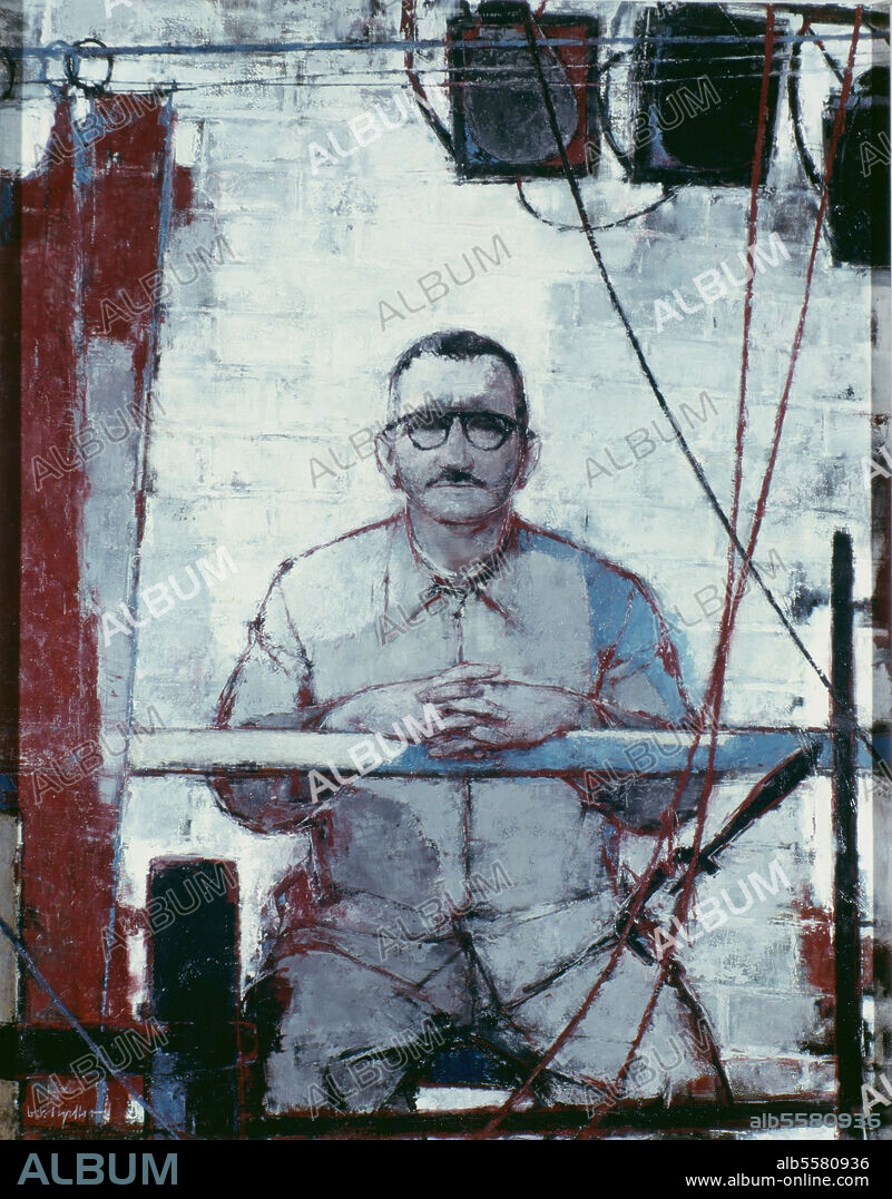 Brecht, Bertolt. Schriftsteller und Regisseur; Augsburg 10.2.1898 - Berlin 14.8.1956. "Bildnis Bertold Brecht" (Brecht auf der Bühne). Gemälde, 1955/56, von Bert Heller (1912-1970). Mischtechnik auf Hartfaserplatte, 145 × 110 cm. INv. A III 443. Berlin, SMB, Nationalgalerie.