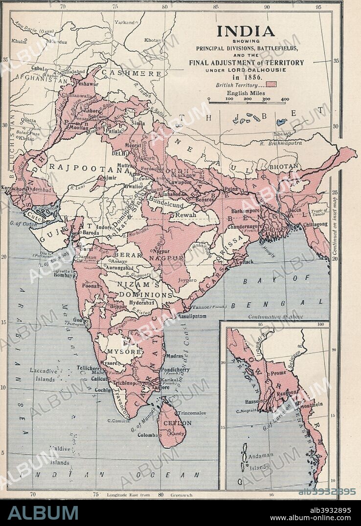 Map of India in 1856 (1906). From Cassell's History of England, Vol. VI. [Cassell and Company, Limited, London, Paris, New York & Melbourne, 1906].