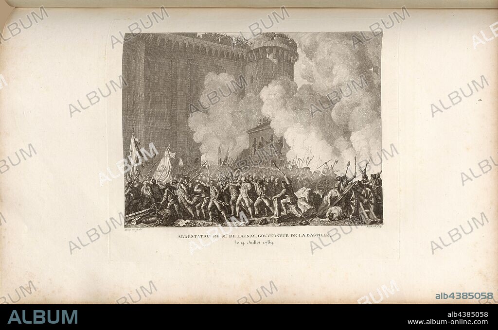 Arrest of Mr. de Launay, governor of the Bastille July 14, 1789, Arrest of Commander Bernard René Jourdan de Launay at the Bastille on July 14, 1789, signed: Prieur inv. Et del, Berthault sculp, Fig. 27, no. 17, after p. 68 (Dix-septième tableau), Prieur, Jean-Louis (inv. et del.); Berthault, Pierre-Gabriel (sc.), Collection complète des tableaux historiques de la Révolution française en trois volumes [...]. Bd. 1. A Paris: chez Auber, Editeur, et seul Propriétaire: de l'Imprimerie de Pierre Didot l'aîné, an XI de la République Francçaise M. DCCCII.