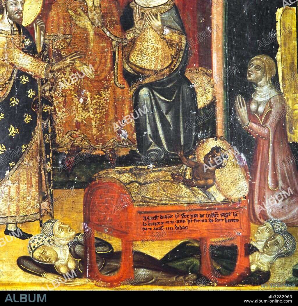 MESTRE DE SANTA COLOMA DE QUERALT. Retablo de san Bartolomé, 1350-1375.  Detalle del Nacimiento de san Bartolomé. Pintura al temple de huevo sobre tabla. 268,5 x 247,5 cm. Procedente de la Catedral de Tarragona. Museo Diocesano de Tarragona.