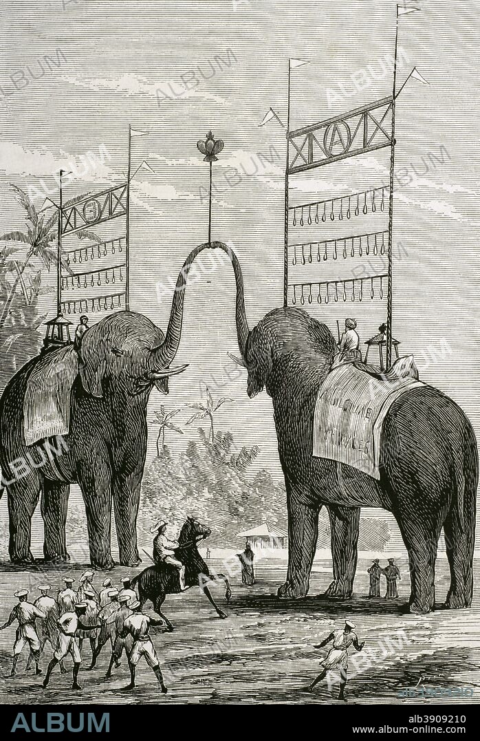 Colonialismo británico. Viaje del Príncipe de Gales (1841-1910) a la India. Posteriormente sería el rey Eduardo VII del Reino Unido. Arco Triunfal en honor al Príncipe de Gales en la ciudad de Colombo, Colonia de Ceilán (actual Sri Lanka). Grabado por Rico. La Ilustración Española y Americana, 22 de enero de 1876. Biblioteca Histórico Militar de Barcelona. Cataluña, España.