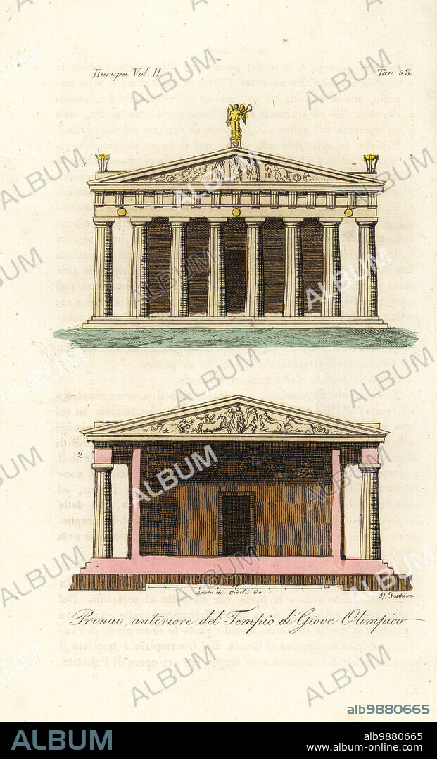 View of the front 1 and rear 2 pronaos or vestibule of the Temple of Zeus or Jupiter, Mount Olympus. Pronao anteriore del Tempio di Giove Olimpico. Handcoloured copperplate engraving by Roberto Freschi from Giulio Ferrarios Costumes Ancient and Modern of the Peoples of the World, Il Costume Antico e Moderno, Florence, 1826.