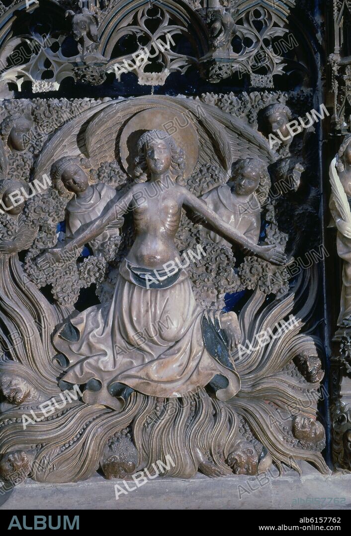 PERE JOHAN (1394/97->1458) PERE JOAN. DETALLE DE SANTA TECLA EN EL RETABLO MAYOR DE LA CATEDRAL DE TARRAGONA - SIGLO XV - ALABASTRO POLICROMADO - GOTICO CATALAN.