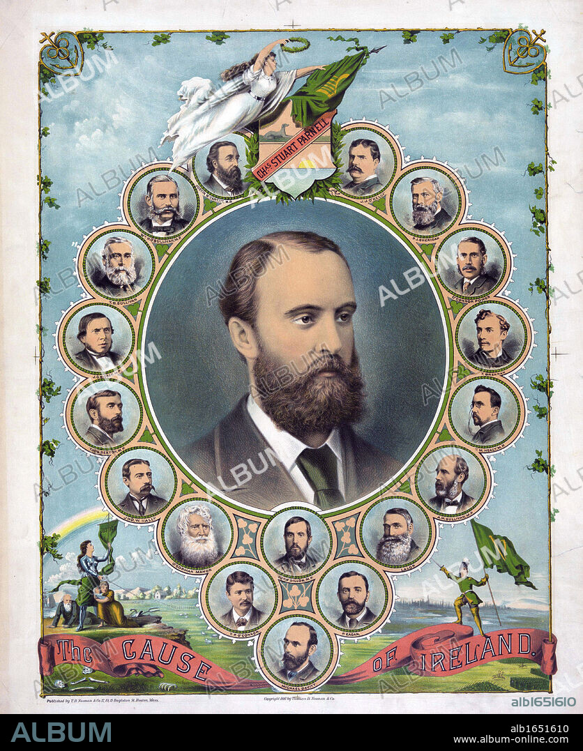 The Cause of Ireland: Portrait of Charles Stewart Parnell (1846-1891) Irish nationalist, political leader and champion of Home Rule,  surrounded by 18 vignettes of  others prominent in Irish government and politics. Coloured lithograph, 1881.
