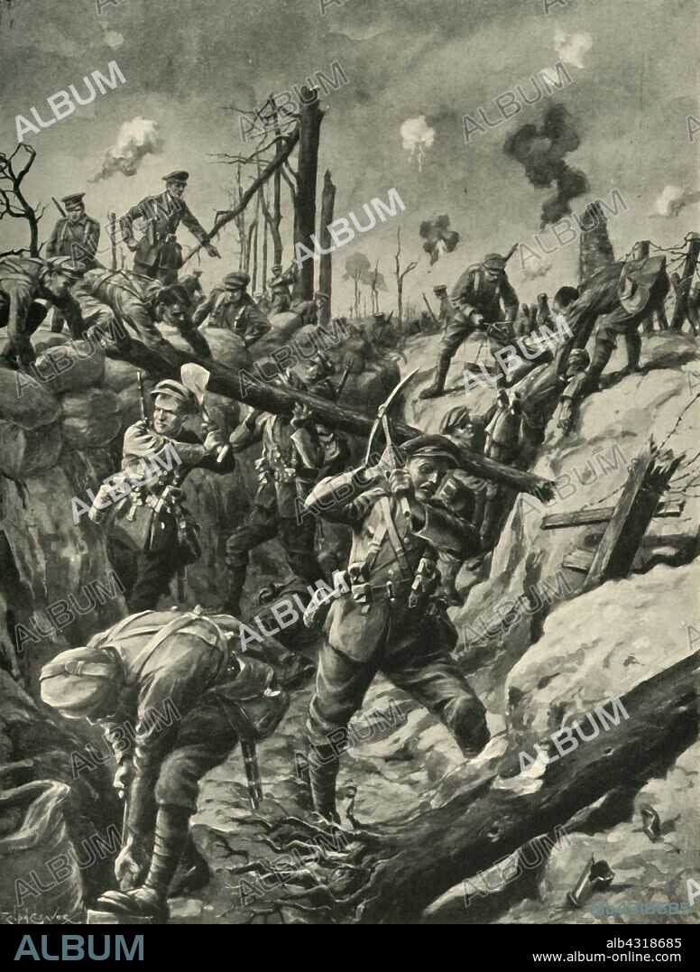 RALPH CLEAVER. British soldiers in a German trench, Western Front, First World War, c1915, (c1920). 'Consolidating a captured German Trench after the Great Attack: British infantry at work near Hulluch' (in northern France). Drawn 'from the description of a wounded soldier'. From "The Great World War - A History" Volume IV, edited by Frank A Mumby. [The Gresham Publishing Company Ltd, London, c1920].