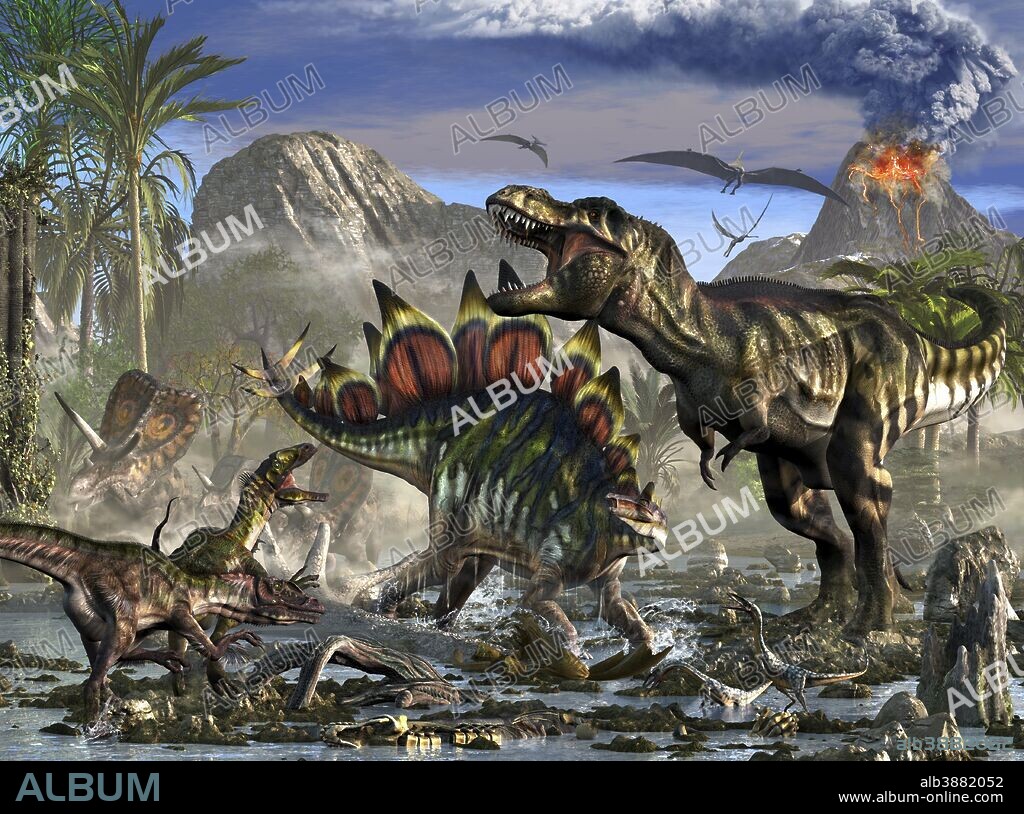 Stegosaurus defending himself from T-Rex and some Utahraptors. In the background are some Torosaurus dinosaurs.