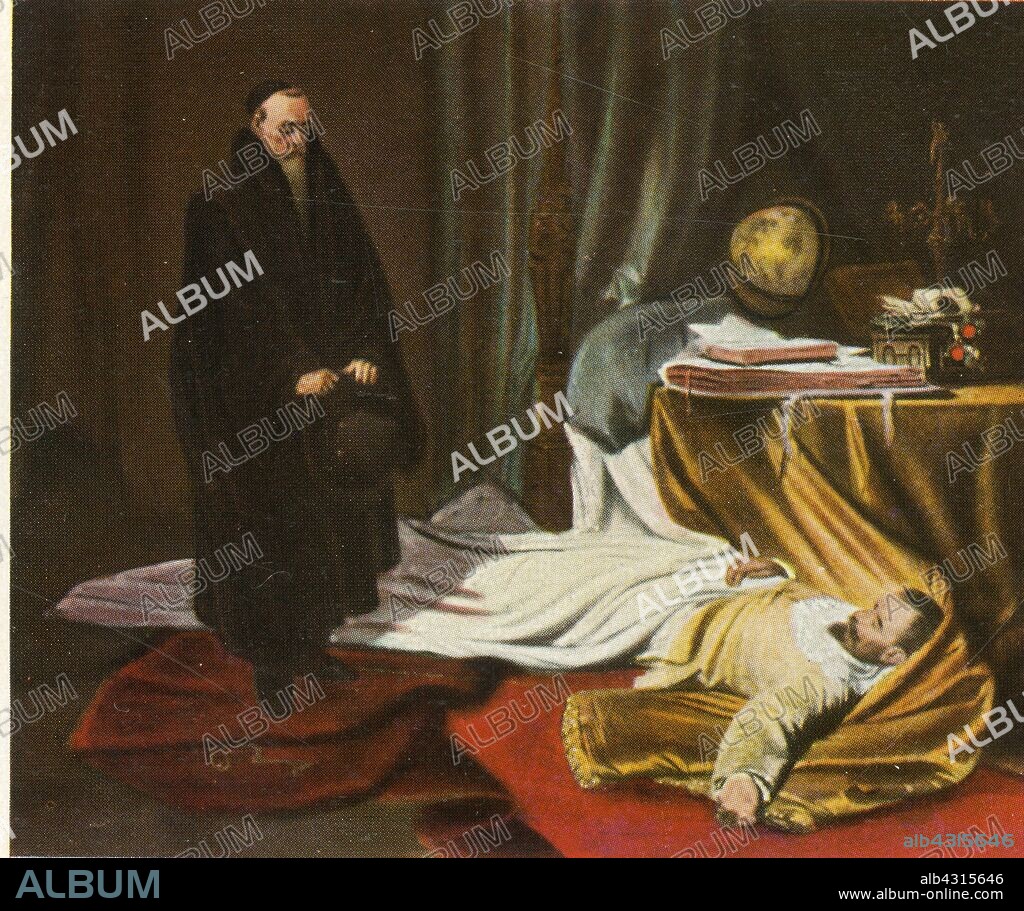 Seni with the body of Wallenstein, 26 February 1634, (1936). 'Seni An Der Leiche Wallensteins, 26 Februar 1634'. The Italian astrologer and physician Gian Battista Seni with the corpse of Wallenstein (1583-1634), a Bohemian military leader who commanded the Catholic imperial armies during the Thirty Years War (1618-1648). Wallenstein was a believer in astrology and had his horoscope done by at least two leading astrologers of the time, Johannes Kepler and Giovanni Battista Seni. He was assassinated by Scottish and Irish officers after mounting a rebellion against Ferdinand II in 1634. From "Bilder Deutscher Geschichte", (Pictures of German History), No.12, cigarette card album. [Cigaretten-Bilderdienst, Altona-Bahrenfeld, Hamburg, Germany, 1936].