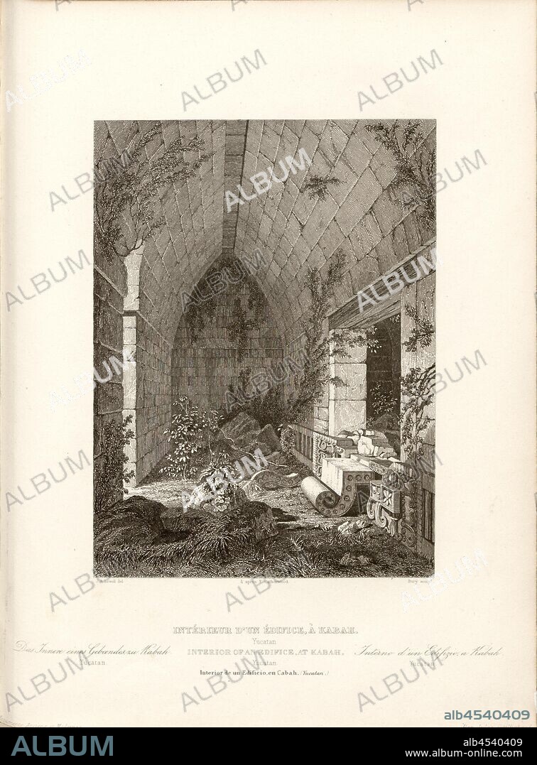 Interior of a building, in Kabah. Yucatan, Kabah Building, Ruins of a Mayan City in Mexico, signed: J. A. Leveil del, d'après F. Catherwood; Bury sculp, Fig. 81, p. 342, Catherwood, Frederick (inv.); Léveil, Jean-Arnaud (del. d'après Frederick Catherwood); Bury, Jean Baptiste Marie (sc.), 1853, Jules Gailhabaud: Monuments anciens et modernes: collection formant une histoire de l'architecture des différents peuples à toutes les époques. Paris: Librairie de Firmin Didot frères, 1853.