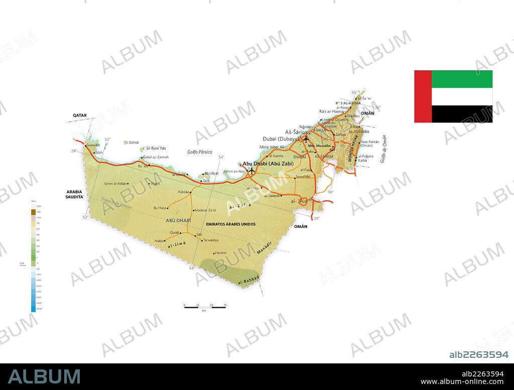 Emiratos Arabes Unidos. Mapa físico y político de Emiratos Árabes Unidos.