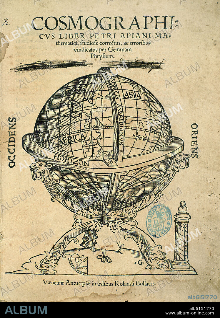 PEDRO APIANO (1495-1552). COSMOGRAPHIA 1524. PORTADA. ESFERA TERRESTRE-PORTADA. LIBRO CIENTIFICO S XVI.