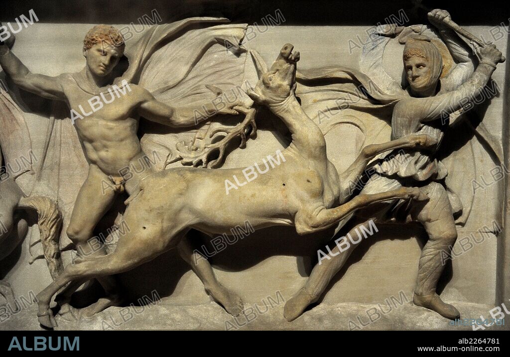 Alexander Sarcophagus. 4th century BC. Long side depicting Alexander and the Macedonians hunting lions with Abdalonymus and the Persians. Pentelic marble. From the Royal Necropolis of Sidon. Archaeological Museum. Istanbul. Turkey.