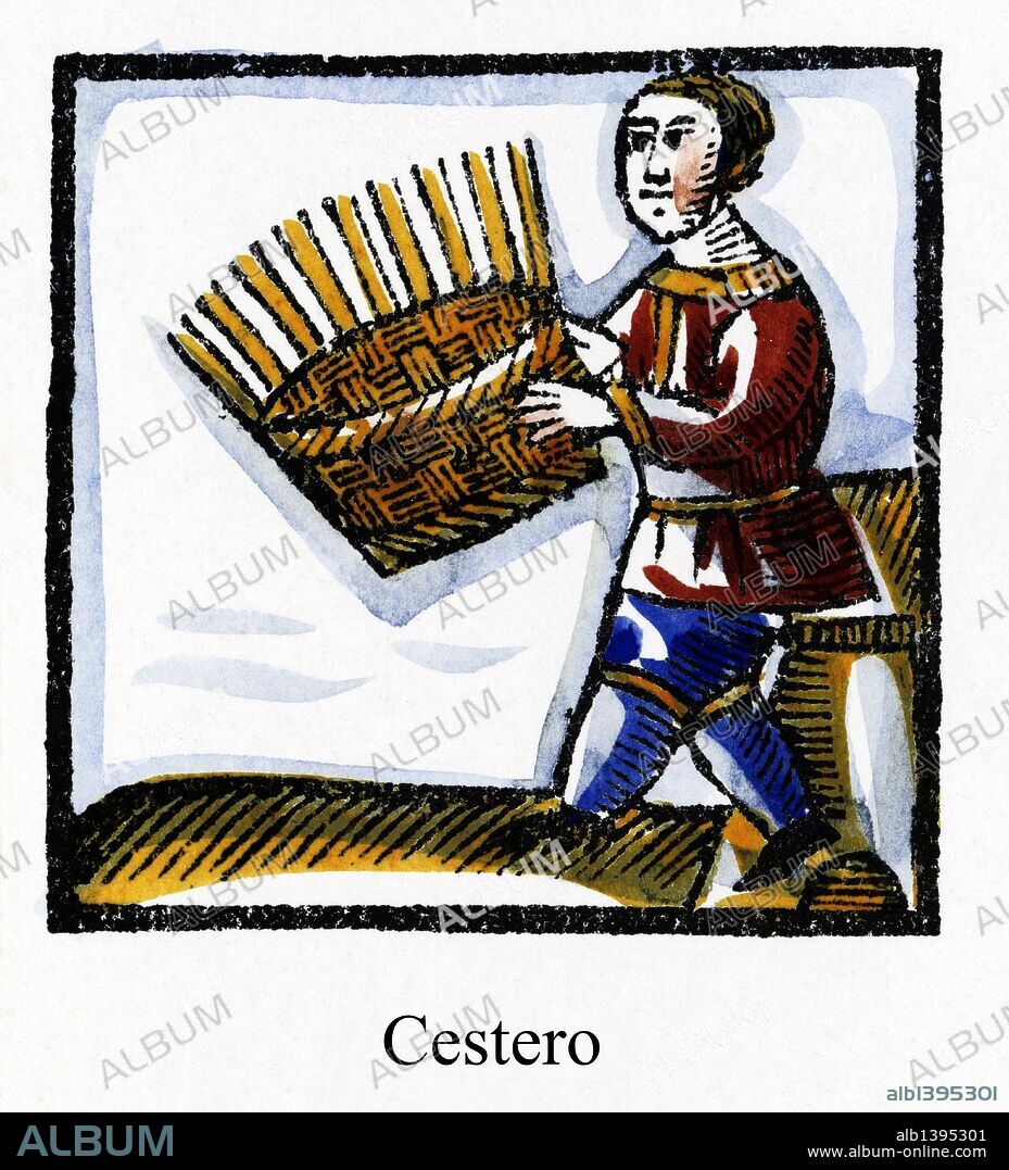 Artes y Oficios de Barcelona desde la Edad Media. Grabado al Boj del siglo XVIII. Cestero elaborando una cesta de mimbre.