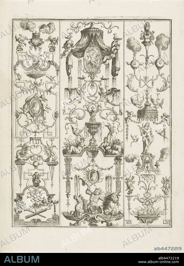 Grotesques with figure on the back of a hippocampus Neues Groteschgen-Werk (series title), Three pilasters with grotesques and various mythical figures and scenes, ornament, grotesque, sea-horse, hippocamp, ' hippocampus' (horse / fish) (mythological hybrid monster), Johann Adam Delsenbach, Neurenberg, 1700 - 1725, paper, etching, h 220 mm × w 172 mm.