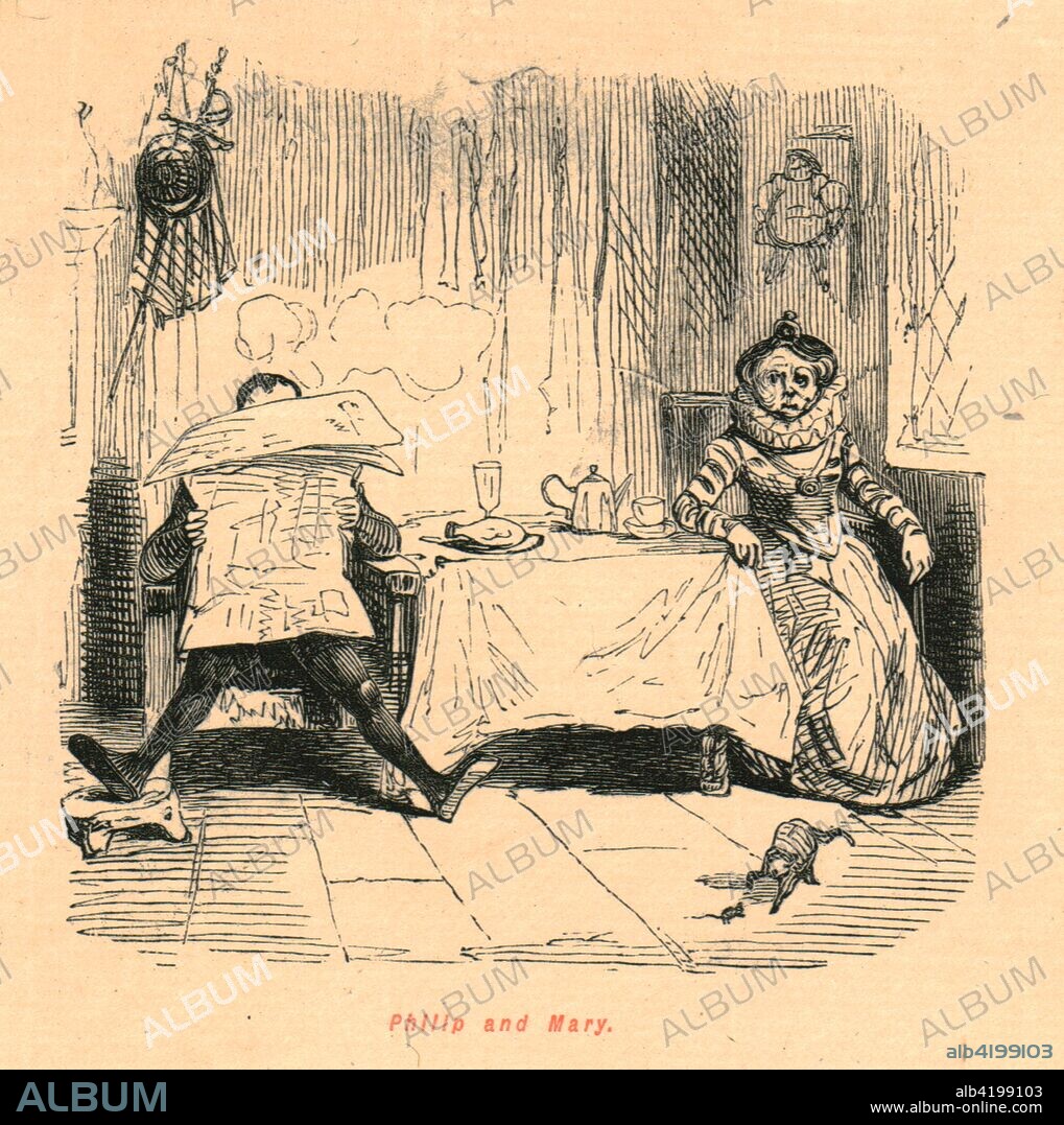 'Philip and Mary', 1897. King Philip II of Spain and Queen Mary I of England at breakfast. Philip hides behind an anachronistic newspaper, while Mary looks grumpy. (Mary (1516-1558) married Philip (1527-1598) in 1554). From "The Comic History of England" by Gilbert Abbott A Beckett, with satirical illustrations by John Leech. [Bradbury, Agnew & Co, London, 1897].