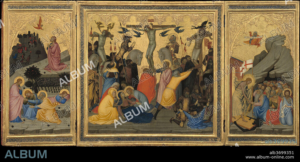 ANDREA VANNI. Scenes from the Passion of Christ: The Agony in the Garden, the Crucifixion, and the Descent into Limbo [entire triptych]. Dated: 1380s. Dimensions: overall: 56.9 × 116.4 × 3.4 cm (22 3/8 × 45 13/16 × 1 5/16 in.). Medium: tempera on panel.