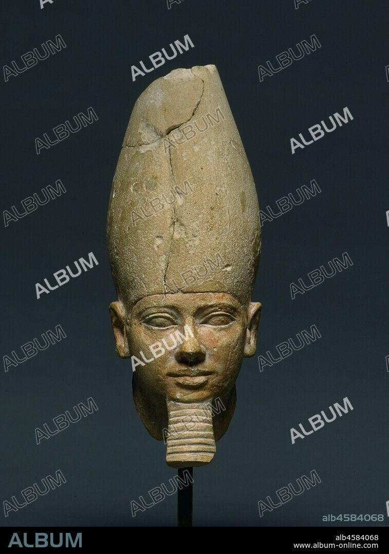 Head of King Userkaf, c. 2454-2447 BC. Despite the monumental achievements of the Old Kingdom?s Pyramid Age, few images of its rulers survive. This head has been identified as King Userkaf, the first king of Dynasty 5. Userkaf built a modest pyramid at Saqqara and a temple to the sun god Ra at Abusir. According to later tradition, the first three kings of Dynasty 5 were the children of Ra himself and a mortal woman. From Userkaf?s reign on, the kings of Egypt were called "Sons of Ra." Here, Userkaf wears the two basic items of regalia that identify him as king: the tall, conical White Crown of Upper (southern) Egypt, and the royal false beard.