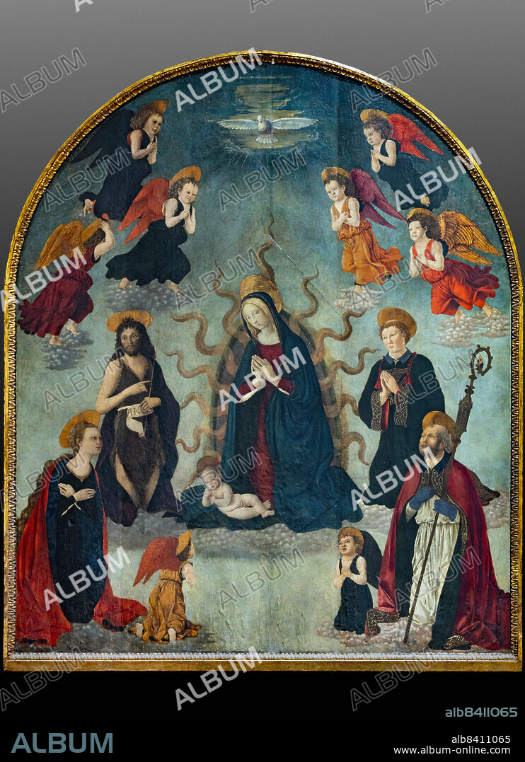 "Madonna and Child with Saints", oil painting on panel by Alessio Baldovinetti and Giovanni di Michele Scheggini da Larciano known as Graffione (1470-1485) reproducing a host of Angels in adoration with the Saints Ambrose, John the Baptist, Catherine, Lawrence, who surround a radiant Nativity.. Florence, Church of St. Ambrose.
