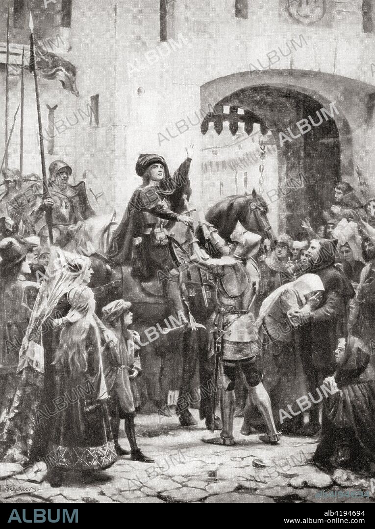 Joan of Arc receives her sword before setting out for Orleans during the siege of 1428-1429.  Joan of Arc, c. 1412 -1431, aka The Maid of Orleans. Heroine of France for her role during the Lancastrian phase of the Hundred Years' War and canonized as a Roman Catholic saint.  From Hutchinson's History of the Nations, published 1915.