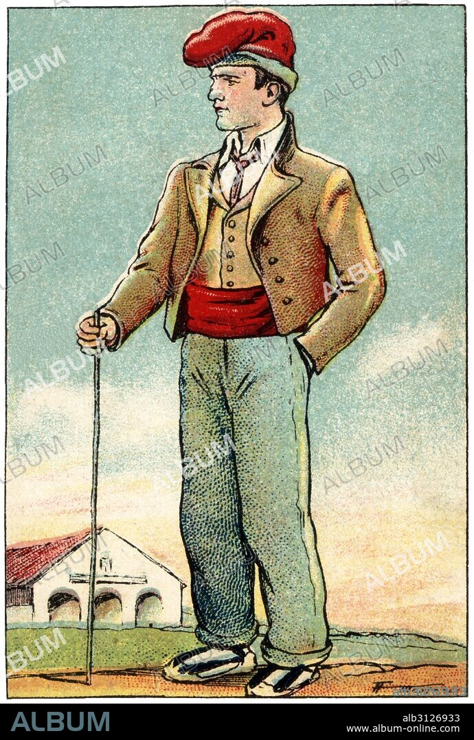 ALBERT MESTRE MORAGAS. Traje típico de payés catalán de principios del siglo XX. Cromo de Chocolates Juncosa. Años 1920.