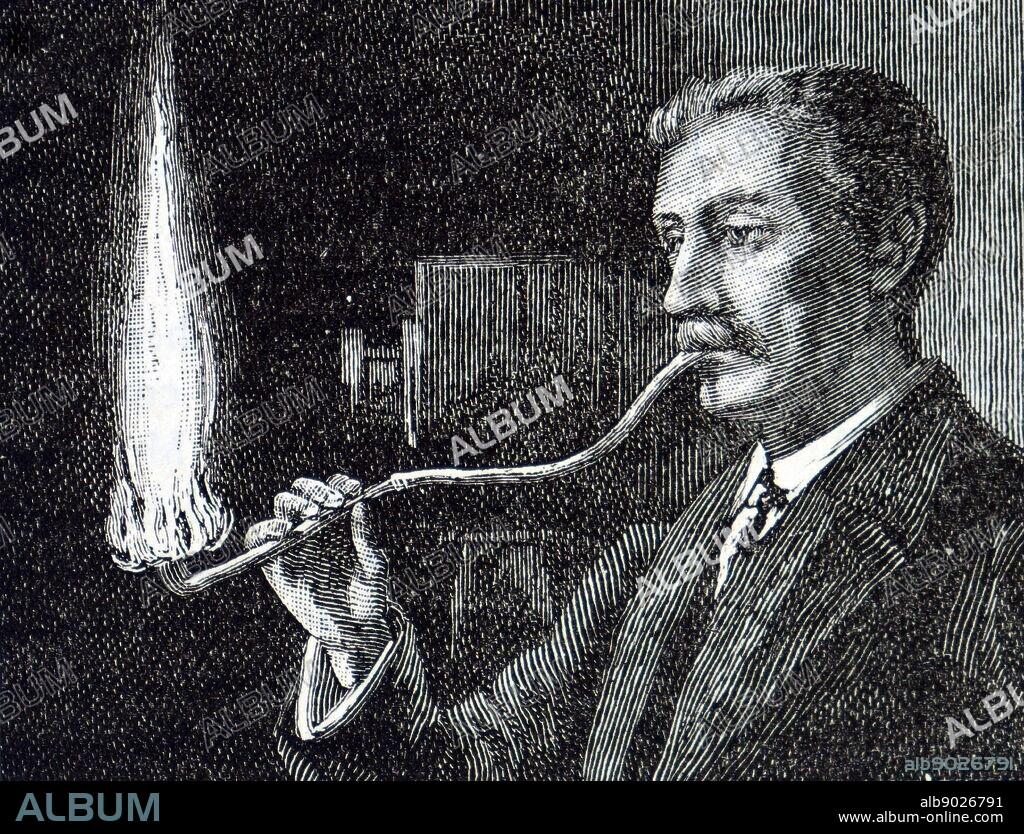 Engraving depicting the use of a magnesium photographic flash light devised by attaching a rubber tube to the mouthpiece of a clay pipe, filling the bowl with magnesium and wrapping bowl with alcohol-impregnated cotton wadding. When the subject posed and was in focus the cotton was ignited and the tubing blown through to give a good flame. Dated 19th century.