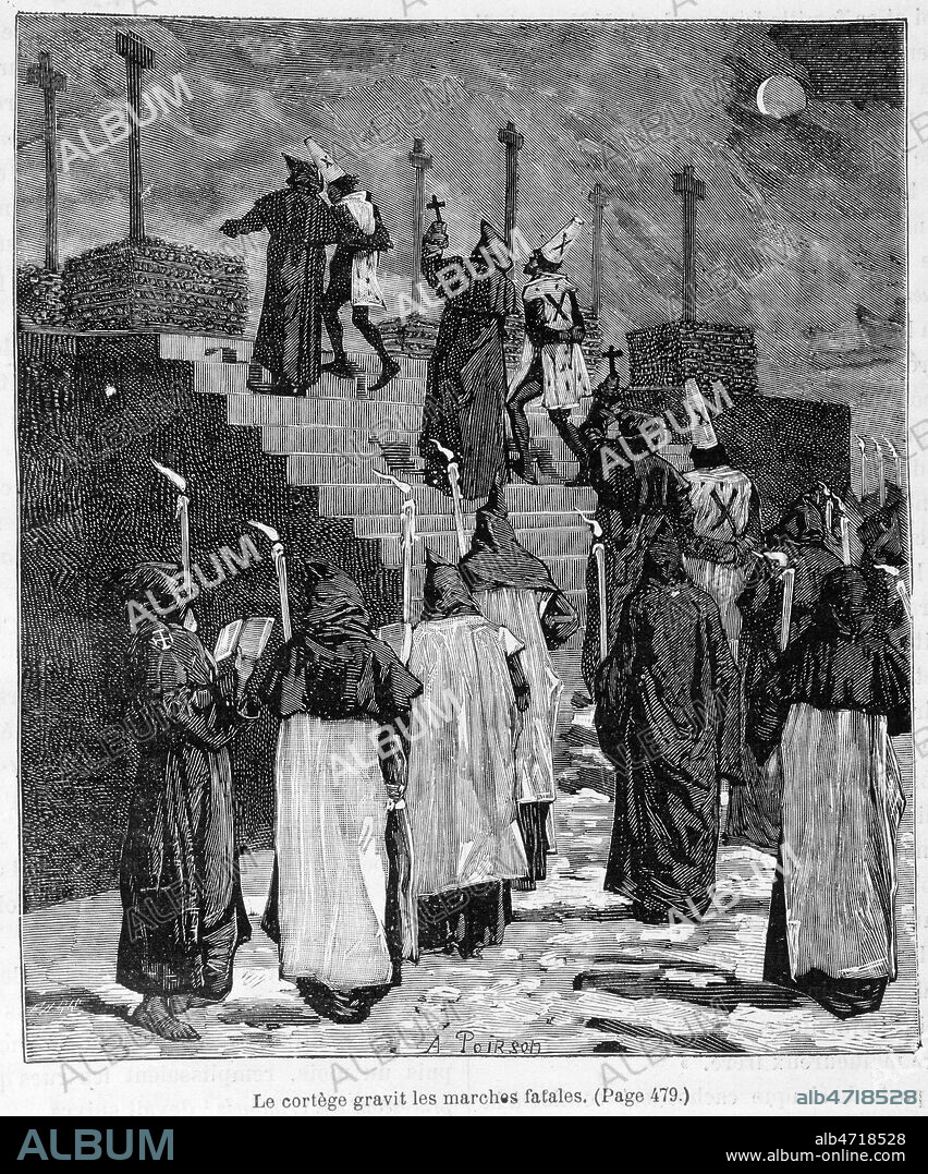 Sort et costumes reserves aux heretiques et aux Maures ayant abjures, montant au bucher pour etre brules (en Espagne). Illustration par POIRSON tiree de l'ouvrage 'Les pretres et les moines a travers les siecles', par Hippolyte MAGEN, 1880. Credit : Collection KHARBINE-TAPABOR.