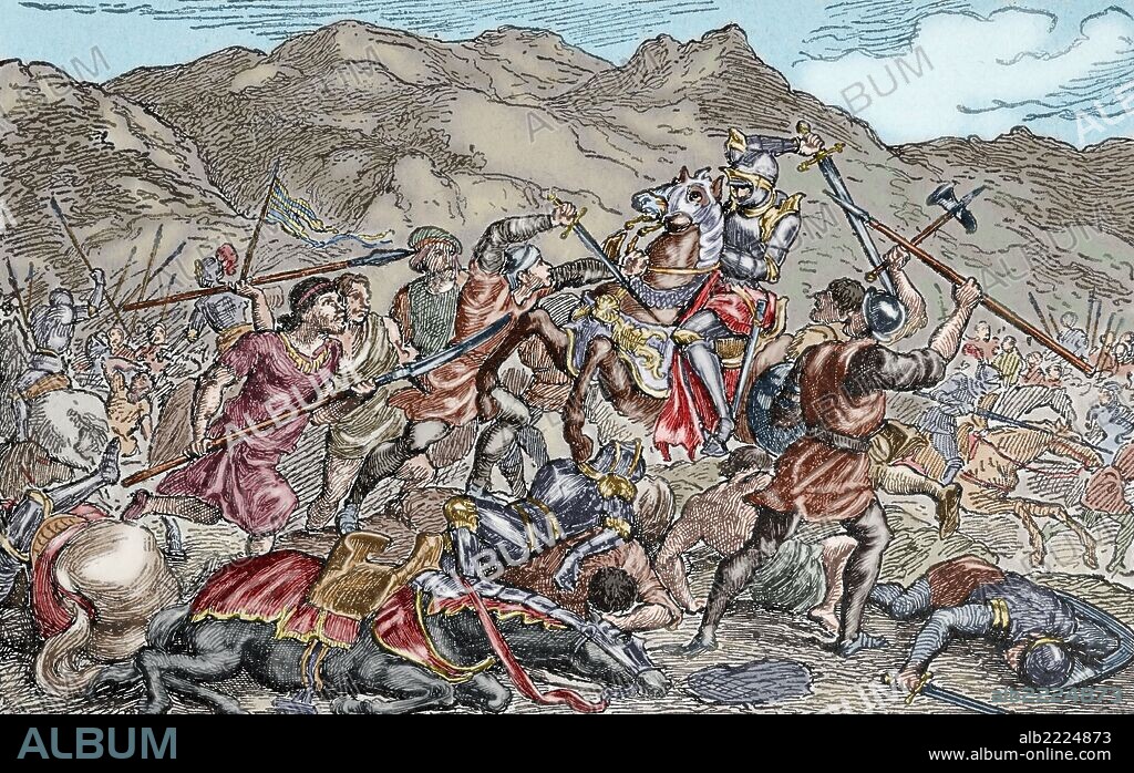 CARLOS EL TEMERARIO, Duque de Borgoña (1433-1477). Pertenecía a una rama menor de los Valois, que gobernaron Borgoña entre 1364-1482. "Muerte de Carlos El Temerario". Grabado coloreado de "Historia de España", año 1828.