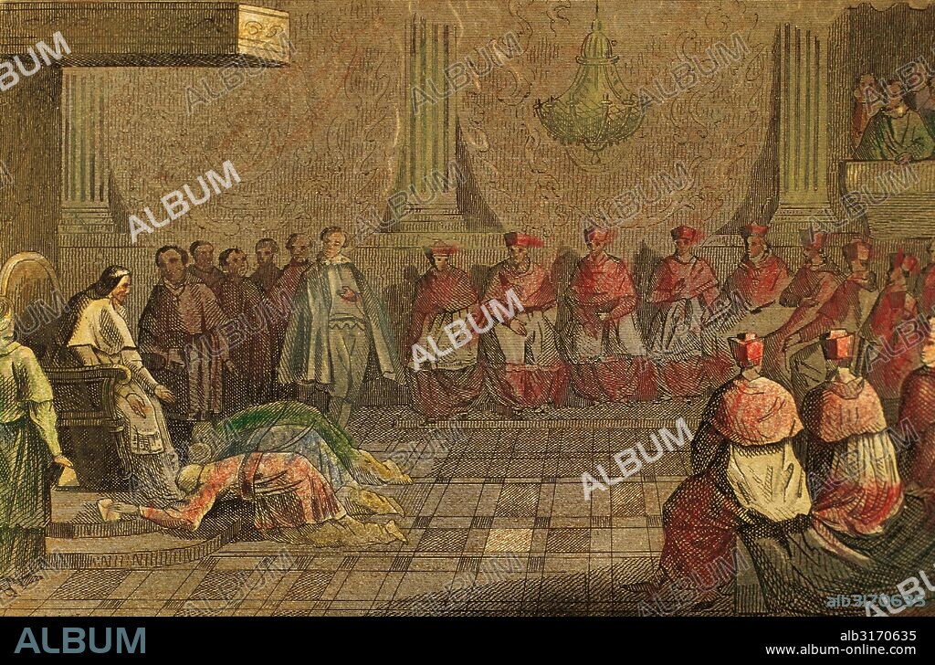 Gregory XIII (1501-1585). Italian Pope (1572-1585), born as Ugo Buoncompagni. Japanese Ambassadors before Pope Gregory XIII in 1585. He received them in gratitude to the missionaries sent. Colored engraving, 1850.