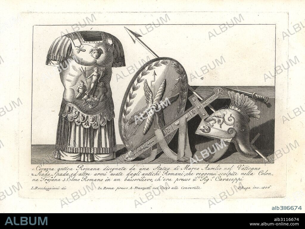 Ancient Roman armour on a statue of Marcus Aurelius in the Vatican 1, Shield, sword and other weapons used by the ancient Romans from a column 2, and Roman helmet owned by Cavaceppi 3. Copperplate engraving by Pietro Ruga after an illustration by Lorenzo Rocceggiani from his own 100 Plates of Costumes Religious, Civil and Military of the Ancient Egyptians, Etruscans, Greeks and Romans, Franzetti, Rome, 1802.