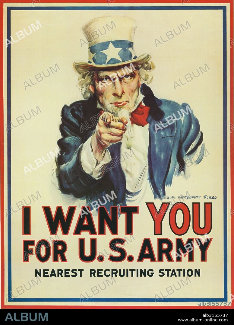 Washington, D.C.:  1917. An Army recruiting poster featuring Uncle Sam that was created by American artist James Montgomery Flagg. It's use was revived again for World War II.