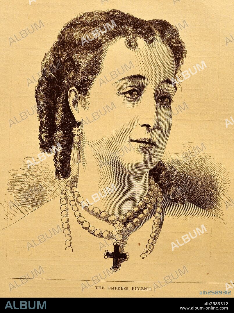 Engraving of the Empress Eugénie de Montijo (1826 - 1920). The last Empress consort of the French from 1853 to 1871 as the wife of Napoleon III, Emperor of the French. Dated 1870 .