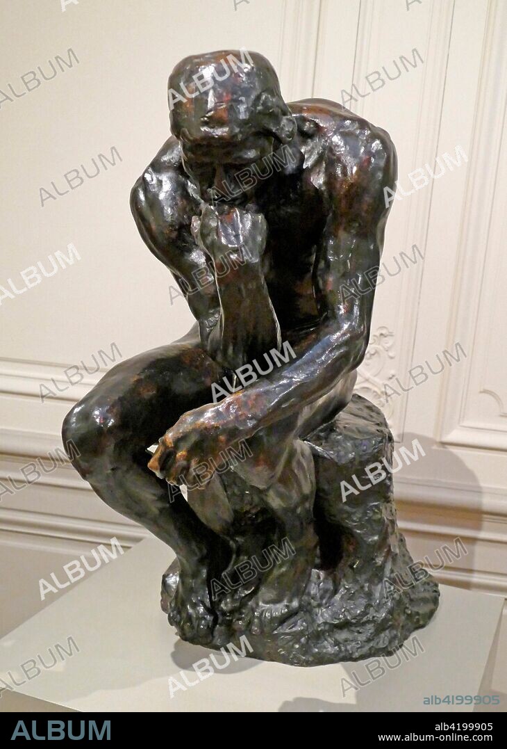 The Thinker (Le Penseur). bronze sculpture by Auguste Rodin. The work shows a nude male figure of over life-size sitting on a rock with his chin resting on one hand as though deep in thought and is often used as an image to represent philosophy. 1904.