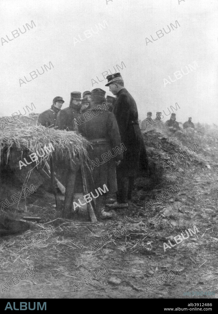 Albert I, King of the Belgians, visiting the trenches of Avecapelle, Belgium, 1915. Albert (1875-1934) was the third king of Belgium, succeeding his uncle, Leopold II, in 1909. After Belgium was invaded by the Germans at the outbreak of World War I, Albert took personal command of her armed forces and received a hero's welcome when he returned to Brussels at the end of the war. He was greatly mourned by his subjects after he was killed in a climbing accident in the Ardennes in 1934.