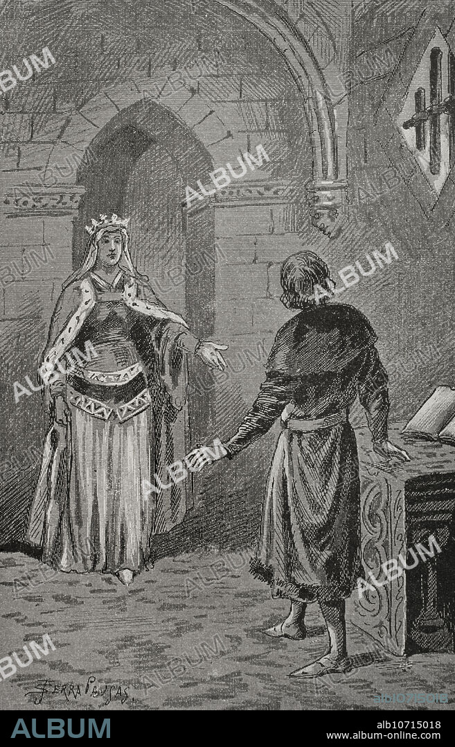 JOAN SERRA PAUSAS (ACTIVE 1861-1902). Juana Enríquez (1425-1468). Reina de Navarra (1447-1468) y de Aragón (1458-1468). La reina consorte de Aragón Juana Enríquez visita al príncipe Carlos de Viana (1421-1461) en el castillo de Morella, donde estaba preso. Grabado por Serra Pausas. "Glorias Españolas". Tomo II. Publicada en Barcelona, 1890.