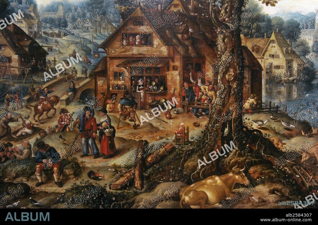 ARTE SIGLO XVI. FLANDES. HANS BOL (1534-1593). Pintor flamenco de época manierista. Escena de una aldea. Galería Nacional de Praga (Sternberg Palace). República Checa.