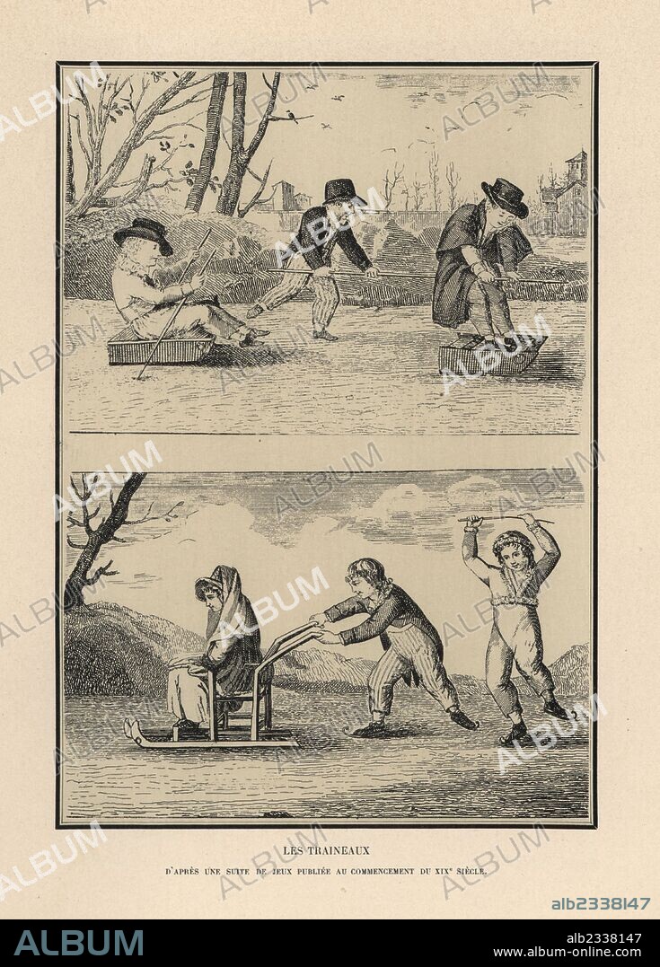 Children sledding and skating on ice (traineaux), early 19th century. Lithograph from Henry Rene Allemagne's Sports and Games of Skill (Sports et Jeux d'Adresse), Librairie Hachette, Paris, 1903.
