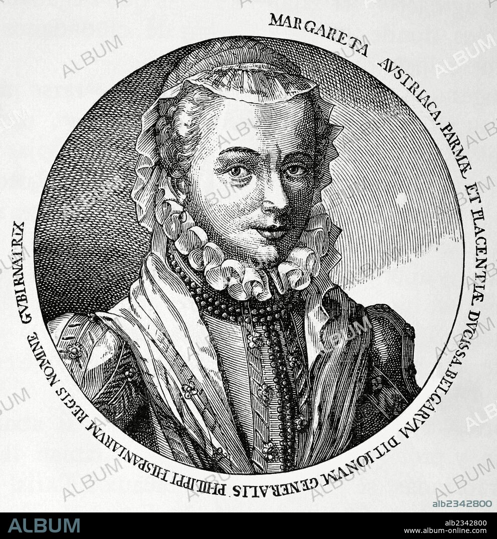 MARGARITA DE AUSTRIA Y PARMA (1522-1586). Hija extramatrimonial de Carlos I y de Johanna Maria Van der Gheynst. Duquesa consorte de Florencia y Parma y gobernadora de los Paises Bajos. Grabado de "Historia Universal", 1885.